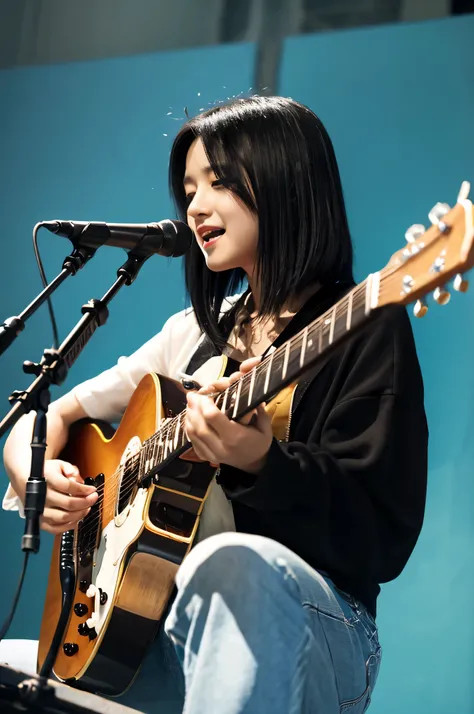 woman、black hair、handsome short、guitar、Singing and singing