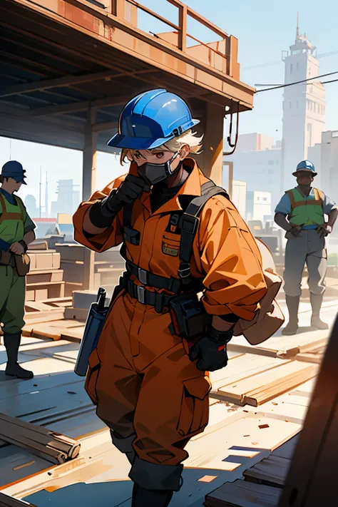 Workers wearing protective gear at a bustling construction site, diligently carrying out their tasks under the watchful eye of their foremen. Sun-kissed hard hats shielding their heads from debris, sturdy work boots covering their feet, and thick, durable ...