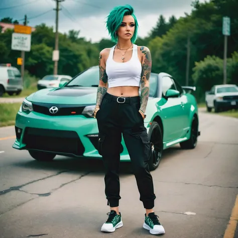 1girl, solo, breasts,, navel, jewelry, full body, earrings, outdoors, green hair, shoes, midriff, pants, necklace, crop top, aqua hair, tattoo, black pants, piercing, white footwear, tank top, ground vehicle, sneakers,big  chest motor vehicle, realistic, h...