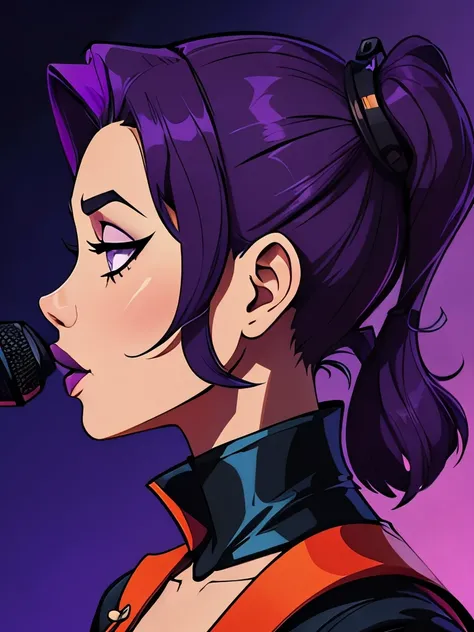 Close-up of a cartoon girl with purple hair and a microphone, create your own avatar, electronic girl, e - girl, illustration in cartoon style, ig studios in anime style, profile picture, CARTOON, Cartoon art style, Purple color theme, goth girl, Symmetric...