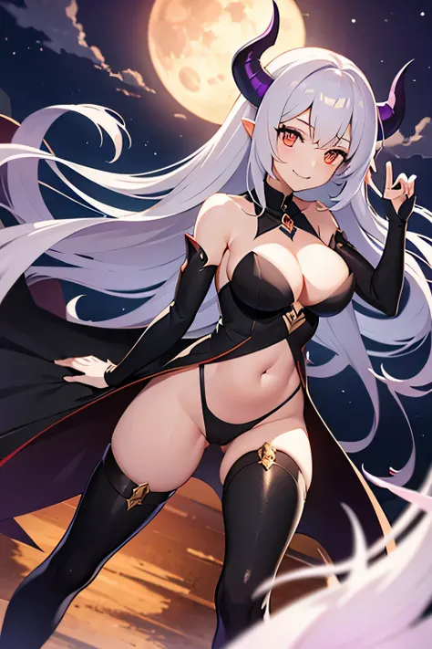 yandere，Smile，horn，blood，full-body shot，purple lunar eclipse，bat wings，woman flying in mid air，Succubus，orange eyes，long hair，white hair，black stockings，Double shoulders，black，night