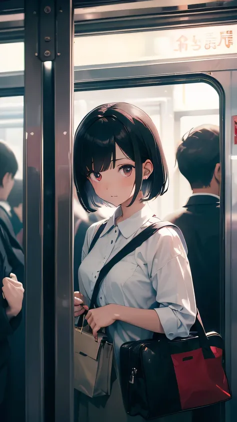 Inside a crowded train、A young girl with short bob black hair listening to music with red headphones while hanging from a hanging strap.、White Y-shirt and black business suit、Large tote bag