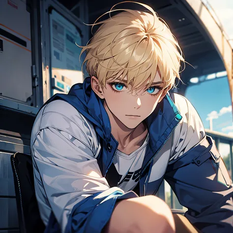 Masterpiece, best quality, solo, 1 male, short hair, turquoise eyes, blond hair, blue clothes