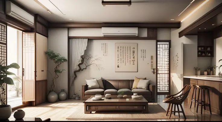 （masterpiece、best quality：1.4），China，Minimalist living room，indoor，front，Extra long hall（On the left is the living room、In the middle is a restaurant、On the right is the kitchen）、panoramic、wide angle，Chinese retro style，simple，quaint，Light-colored furnitur...