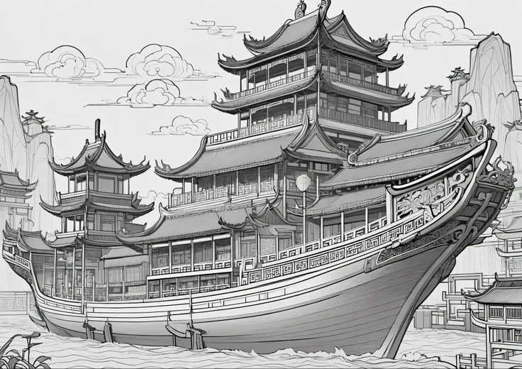 coloring page of chinese themed ship, 2 d game line art behavior hd, 2d game line art behavior hd, stylized lines, clean lines, ...