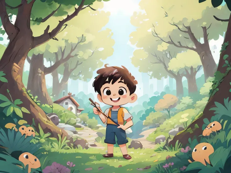 Cartoon boy standing in the middle of lush green forest, Smiled confidently，sunny，Official fan art, Detailed fanart, Lovely and detailed digital art, Official illustration, 2D 插圖, 2d illustration, Digital animation illustration, heroes 2d fan art artstatio...