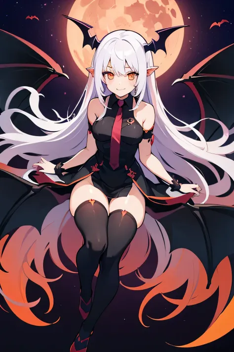 yandere smile，horn，blood，full-body shot ，purple lunar eclipse ，bat wings ，woman flying in mid air， succubus，orange eyes ，long ha...