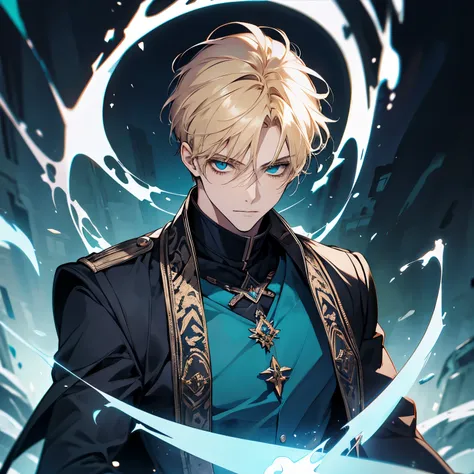 Masterpiece, best quality, solo, 1 male, short hair, turquoise eyes, blond hair, dark blue clothes, necromancer