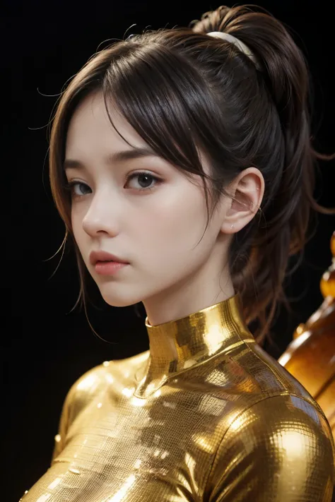 (high quality), (masterpiece), (detailed), 8K, Hyper-realistic portrayal of a futuristic (1girl1.2), Japanese character immersed in a liquid honey ambiance. Meticulous details showcase the seamless blend of tradition and innovation, creating a visually stu...