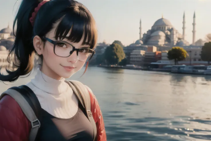 ((wide angle)) beautiful female tourist, black hair, ponytail, bangs, wearing large glasses, smirk, ((wearing a Backpacker style outfit)), morning light, Blue Mosque, Istanbul