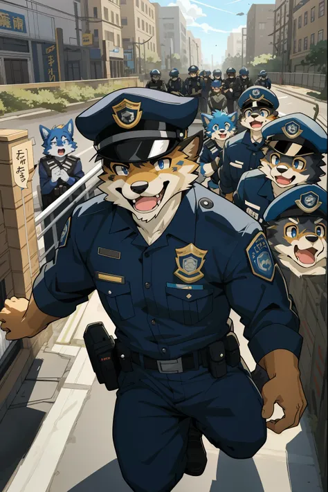 top quality, best quality, highres, masterpiece, super high resolution, detailed background, street, gasping for air(super handsome boys, dog)police officer, swat, police uniform, 6+boys, 6+girls, absurdres(highly detailed beautiful face and eyes)perfect a...