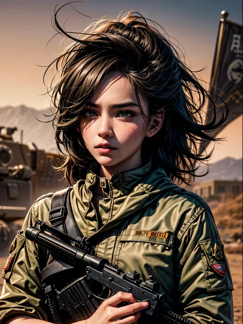 realistic, Background of South American cities after bombing、stand in front of a military vehicle、master part*portrait, realistic, 35 years old、US military desert uniform、female soldier、Asian Beauty、shortcut、hair blowing in the wind, mercenary、after the ba...