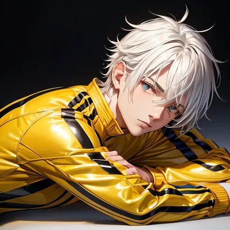 A handsome no jawline young white haired male boy wearing adidas soccer uniform very shiny gold color most shiny lying on many dainese leather jackets give him short very shiny golden color