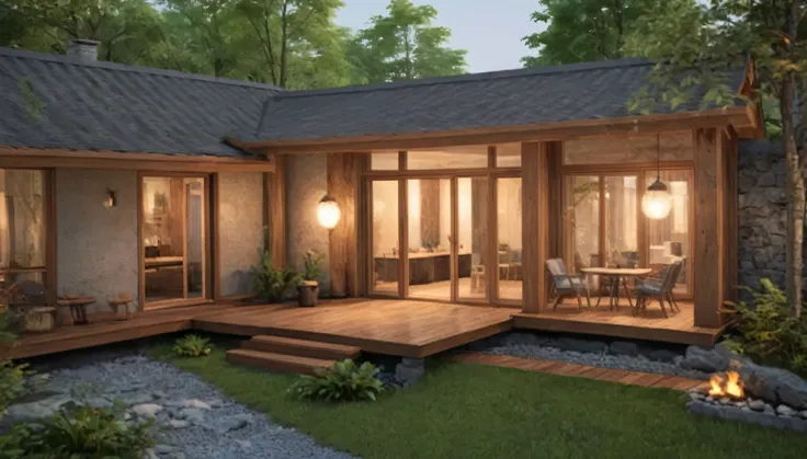 Imagine the interior of a modern and luxurious hut nestled under the stars with a backdrop of majestic mountains, a serene lake and a waterfall beside it, outside there is a campfire. Design the cottage to seamlessly blend contemporary elements with the na...