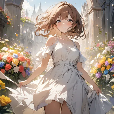 1girl，brown hair，corolla、have a bouquet、、white dress、woman wearing a dress、flower garden、masterpiece、highest quality、detailed、8k...