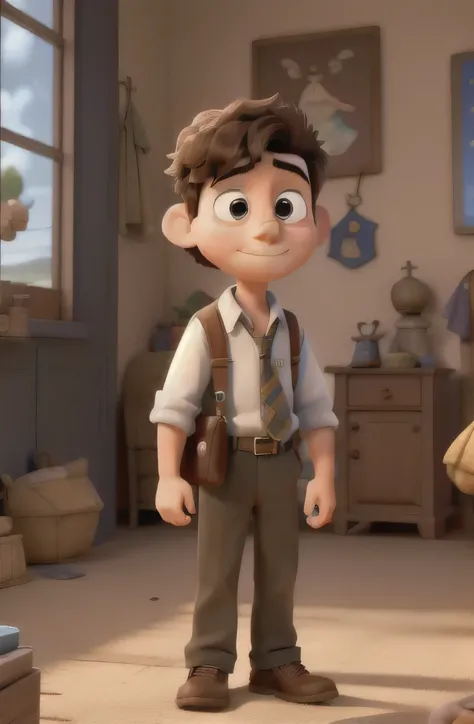 centered standing, Pixar style, 3d style, disney style, 8k, Beautiful, In the busy world of childhood where the winds of imagination roam free, lives a young boy, detailed face, whose thin figure mirrors that of young Mr. Potter. Delving deep into the real...