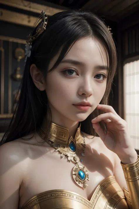 (high quality), (masterpiece), (detailed), 8K, Hyper-realistic portrayal of a futuristic (1girl1.2), Japanese character amidst ancient totemic elements in a silver-themed environment. Meticulous details capture the seamless blend of tradition and innovatio...