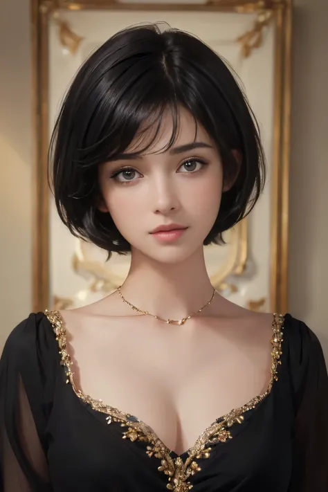 (masterpiece:1.3), (8K, realistic, Raw photo, highest quality: 1.4), (1 girl), beautiful face, (realistic face), (black hair, short hair:1.3), beautiful hairstyle, realistic eyes, detailed and beautiful eyes, (realistic skin), beautiful skin, (Queen), diso...