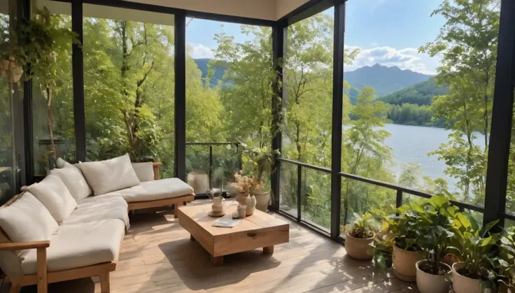 Imagine the interior of a modern and luxurious hut nestled under the stars with a backdrop of majestic mountains, a serene lake and a waterfall beside it, outside there is a campfire. Design the cottage to seamlessly blend contemporary elements with the na...