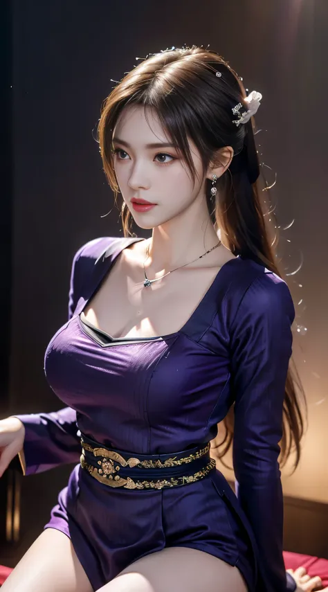 1 beauty in hanfu, thin purple silk shirt，white，variety of textures, white蕾丝上衣, platinum purple long ponytail, hair accessories,...