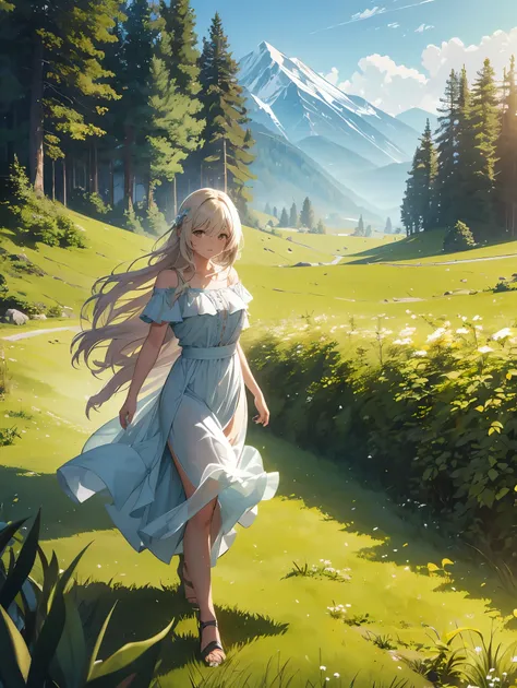 In a green meadow is a girl who leads a group of knights.
BREAK
With a brave expression, guides them to their destination.
BREAK
Behind her, A green forest extends and beyond that, Mountains rise in the distance.
BREAK
The most suitable effect for this sce...