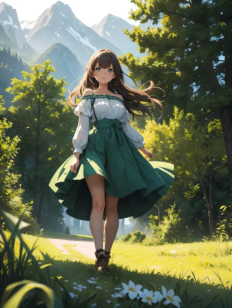 In a green meadow is a girl who leads a group of knights.
BREAK
With a brave expression, guides them to their destination.
BREAK
Behind her, A green forest extends and beyond that, Mountains rise in the distance.
BREAK
The most suitable effect for this sce...