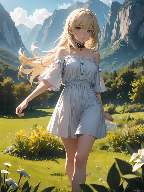 In a green meadow is a girl who leads a group of knights.
BREAK
With a brave expression, guides them to their destination.
BREAK
Behind her, A green forest extends and beyond that, Mountains rise in the distance.
BREAK
The most suitable effect for this sce...