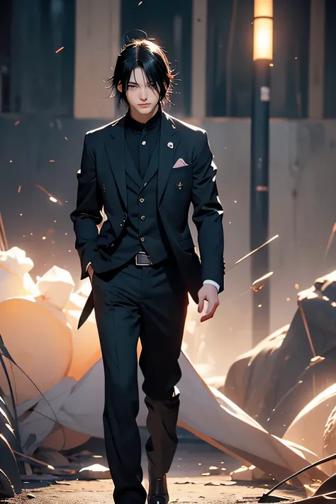 man with black hair, black eyes, wearing a black suit, mobster, penetrating gaze, subtle smile, in an attack pose, with gun in hand, shooting to the side, shooter, Sasuke style, dark and mysterious atmosphere, dimly lit environment, with soft lighting, int...