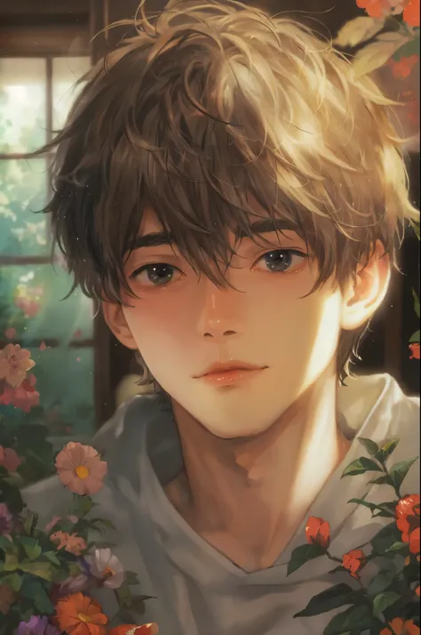 (absurdres, highres, ultra detailed, HDR), masterpiece, best quality, solo focus, teen boy from pixiv, handsome, perfect face, short hair inside a ghibli style room background 