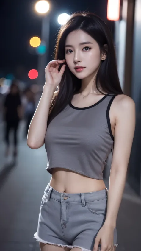 Realistic photos of (1 cute Korean star) antenna hair thin makeup, slightly smile, 32 inch breasts size,wearing gray crop top, shorts, walking around the city, night, close-up portrait, UHD