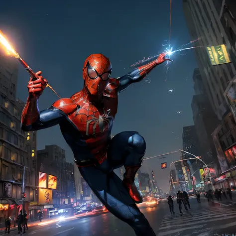 ((Top-quality animation:1.5)), ((Masterpiece:1.2)), ((Realistic:1.3)), (Detailed:1.4), (Photorealistic:1.4), Spiderman: No Way Home, comic book, superhero, dynamic poses, intense action scenes, Swinging through New York City, (Web-slinging:1.4), Shiny blac...