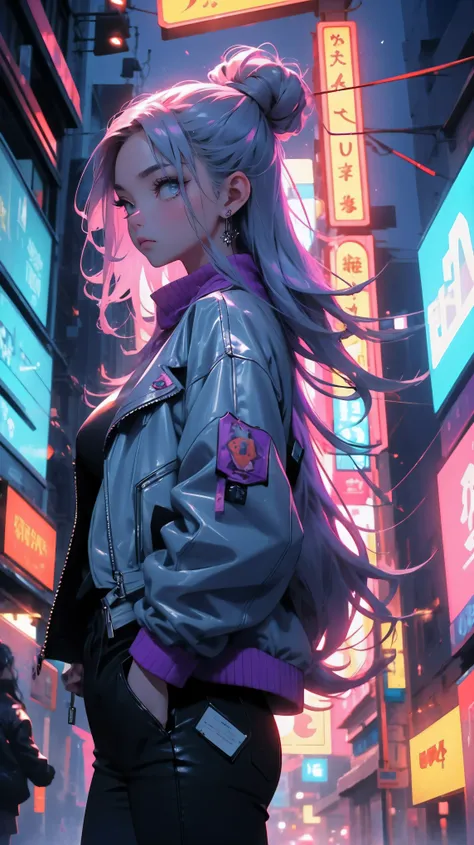 graceful young woman of East Asian descent standing in a foggy evening street. Her long, straight hair flowing over her shoulders, lavender hair. She wears black leather jacket, lavender t-shirt, blue jeans. The street is in an Asian city setting, noticeab...