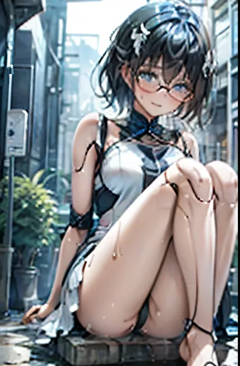 A Female robot is sleeping in forest, spread legs, nude, banzai pose. she does not wear any dress. Her black short hair is tied with big hairpin, She lifts up the under hem of her white plain dress, leaning over, masterpiece, mature, android, blue eyes, fu...