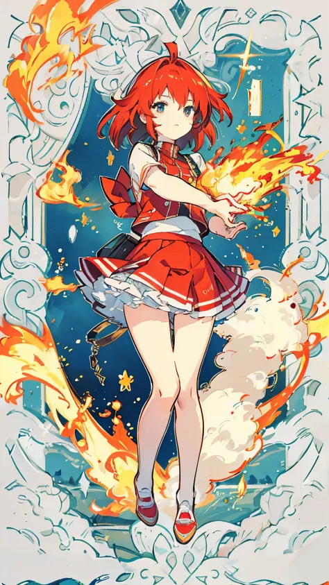 (Highly detailed and high quality illustrations), (best quality), (masterpiece), The best fingers, whole body, using fire, test, red hair, 1 woman, 16 years old, short skirt