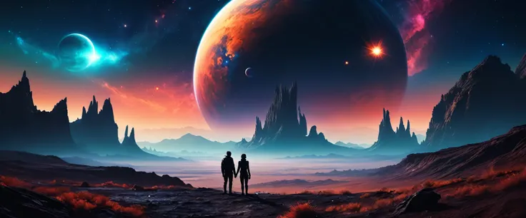 realistic digital painting, dark sci-fi, strange alien planet, landscape of alien planet, lonely wandering couple, beautiful view of super nova in the sky, film grain, HDR, depth of field