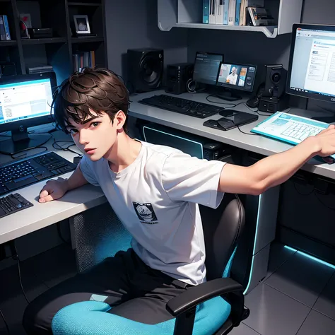 Menino de 18 anos mechendo em um computador 