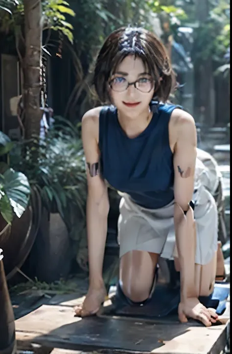 A Female robot is sleeping in forest, spread legs, nude, banzai pose. she does not wear any dress. She has black short hair. She lifts up the under hem of her white plain dress, leaning over, masterpiece, mature, android, blue eyes, full body figure, Heigh...