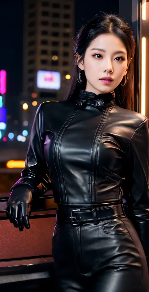 black leather rider jacket, office in the dark, Fingertips of black leather gloves on both hands,wearing black leather gloves,sitting in a black leather chair、 Japanese female new employee (black leather gloves cover both hands) (The angle is horizontal)、b...