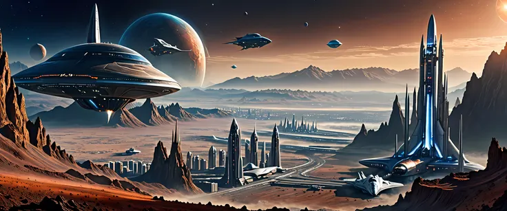 realistic digitall painting, dark and mody sci-fi, alien planet, alien landscape, alien big city,strange tall buildings, Space port, space shuttle launchers,  city in valley between great mountains, space sky, 