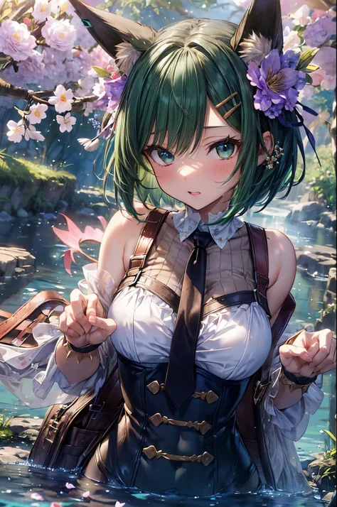 ((The costume is a pure white silk dress)), mechanical knee joint, ((triangle shaped tie)), ((black pantyhose)), anime catgirl, ((deltamon_beta:1.5)), (carrying a backpack), (a tail growing from the butt), break, short hair, ((green hair1.5)), (cat ears a ...