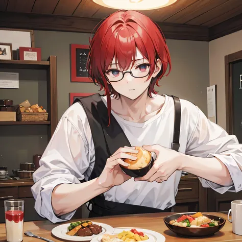 Handsome young man, white skin, reddish curly hair to the shoulder, big deep jaded eyes, wearing big black rim eyeglasses, wearing oversize white tshirt with big print at front, wearing short pants eating dinner