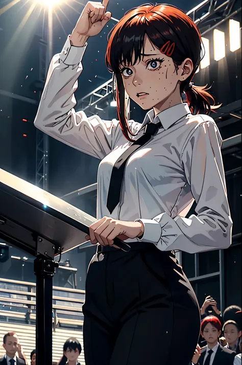 kobeni from chainsawman, black vivid eyes, with her iconic two red hair clips, sweating, wearing white long sleeve, black tie, b...