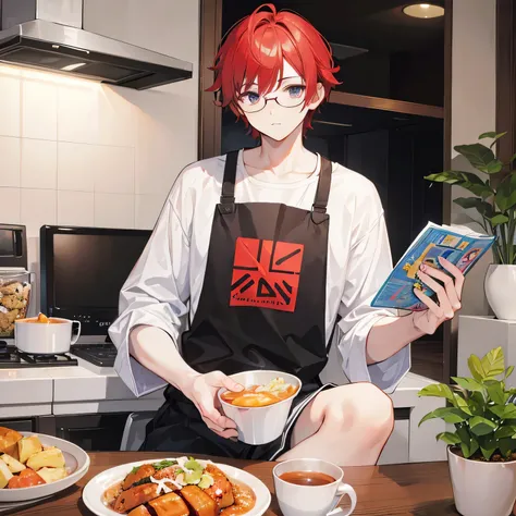 Handsome young man, white skin, reddish curly hair to the shoulder, big deep jaded eyes, wearing big black rim eyeglasses, wearing oversize white tshirt with big print at front, wearing short pants eating dinner