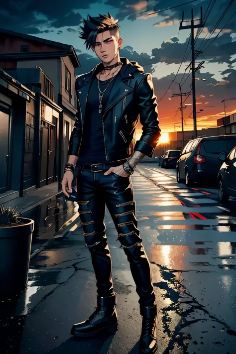 (Masterpiece, Young Man, Short Messy Blue Spiked Hair, Leather Jacket Black, Inside Out Black T-Shirt with Red Logo, Jeans Blue, Accessory: Chain in Pants Pocket, Sunset Background:1.0), High Quality, 1man, Boy, Edgy Style, Hooded Look, Urban Setting, Casu...