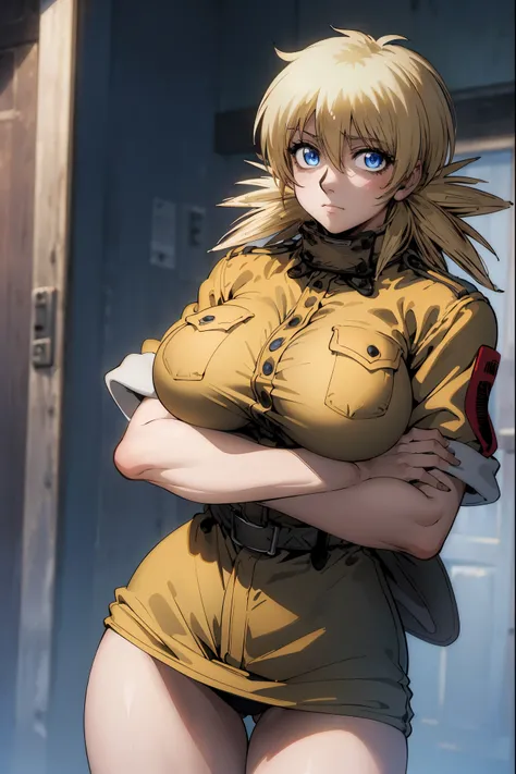 (masterpiece, best quality:1.2), cowboy shot, solo, 1girl, seras, expressionless, crossed arms, blonde hair, taut clothes, fur coat, large ass, huge breasts, small waist, sexy, masterpiece, well drawn face, front view, blue eyes