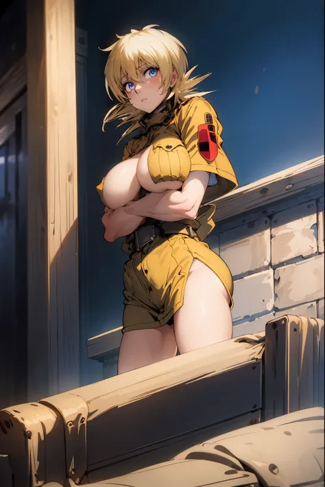 (masterpiece, best quality:1.2), cowboy shot, solo, 1girl, seras, expressionless, crossed arms, blonde hair, taut clothes, fur coat, large ass, huge breasts, small waist, sexy, masterpiece, well drawn face, front view, blue eyes