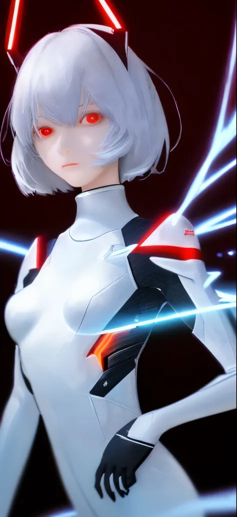 (highest quality:1.2),1 girl,alone,Are standing_Split,AYANAMI REI,white bodysuit,red eyes,pilot suit,short hair,blue hair,bangs,interface headset,turtleneck,hair between eyes,pixelated background,neon light,SF color scheme,Bright colors,metallic texture,de...