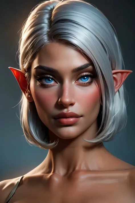 beautiful portait of nigth elf female in her 20s with fit body , perfect face feature , (blunt bob hair :1.2), (silver hair colo...