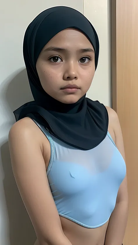 (Wearing Swimsuit), (((HIJAB MALAY GIRL))), masutepiece, High quality, UHD 32K, Realistic face, Realistic skin feeling , A Malay Lady, 8 years old, , Very cute and baby-like face, (((FLAT CHEST))), (MATRIX WORLD), ((look In front  at the camera and SADNESS...