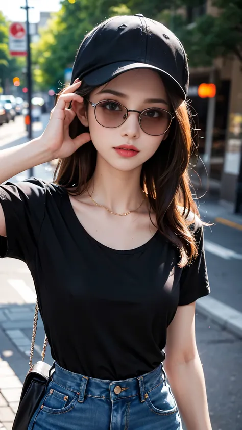 (best quality:1.2,4k ultra hd:1.2), a girl, beautiful face, full and glossy lips, long flowing hair, perfectly straightened, small breasts, (black t-shirt:1.5), (opened shirt:1), jeans, complete with a cap, sparkling sunglasses, capturing her character and...